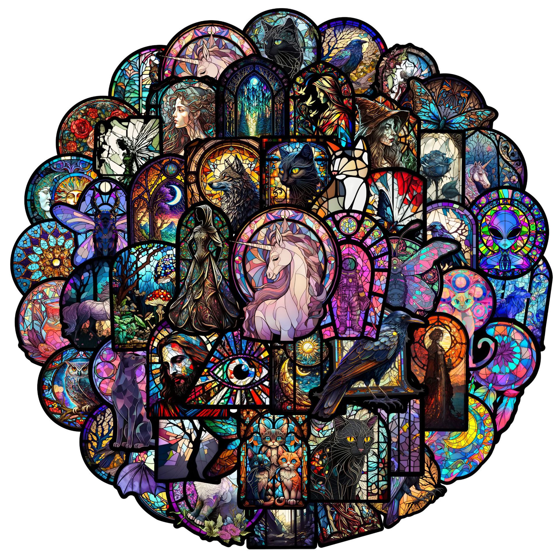 50pcs Vintage Gothic Stained Glass Stickers Church Art Glass Graffiti Stickers for DIY Luggage Laptop Motorcycle Bicycle Stickers