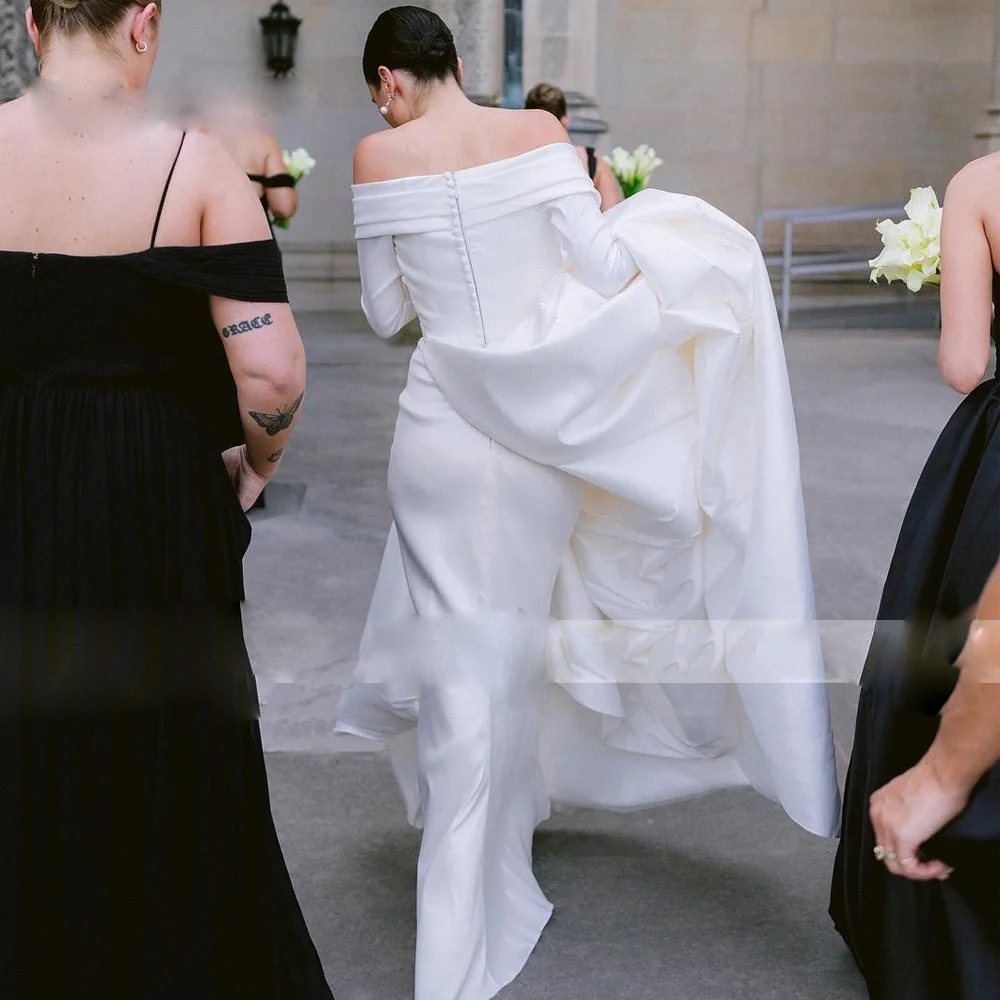 Mermaid Wedding Dress 2024 Bridal Gown Off Shoulder Long Sleeves Pleat Vestidos De Soiree with Detachable Train