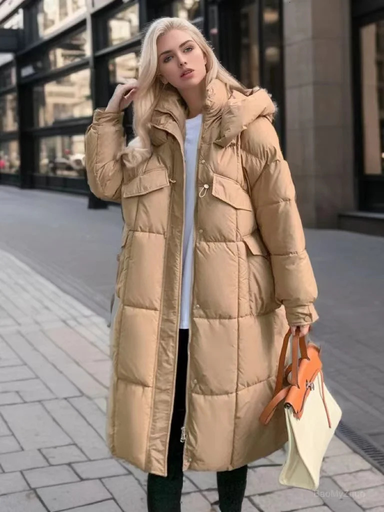 Women's Down Parkas 2023 Winter Cotton Long Hooded Coat Women Zipper Loose Below Knees Warm Thickening Jackets Black White Puffer 231023Z