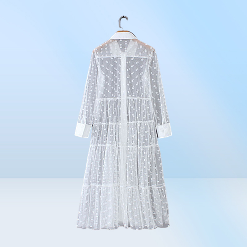 Women dress Mesh Sheer Transparent Polka Dot Lace Cover up V Neck Button Down Maxi Dress Seethrough Party Clubwear Beach Dresses