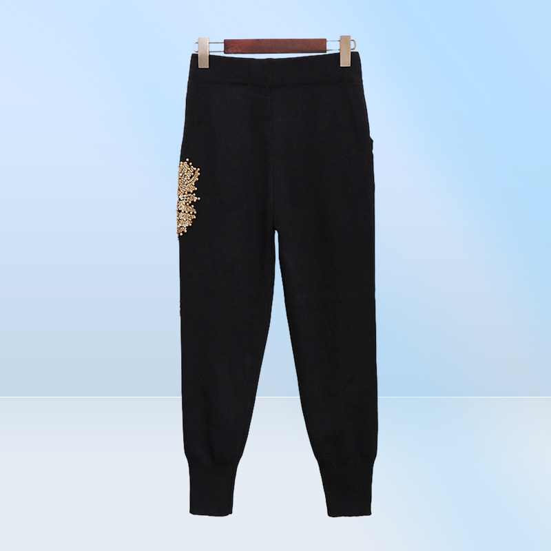 Women039s Two Piece Pants New Fashion 2 pieces Black Grey Toppants Sequin Suit Beads Women Jumpsuit Knitting Autumn Winter Cau2098862