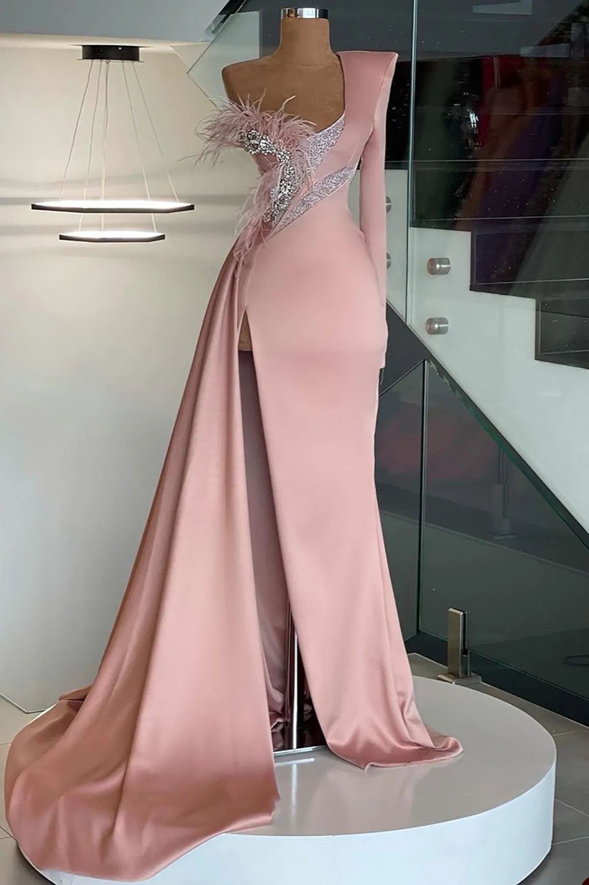 Long Sleeve Mermaid Evening Dresses Elegant Pink Satin One Shoulder Front Split Dubai Women Formal Party Prom Gowns 6660306