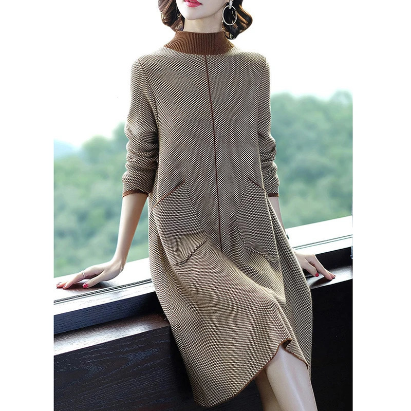 Women's Sweaters Winter Houndstooth Loose Knitted Turtleneck Sweater Dresses Autumn Casual Elegant Bodycon Women 3XL Wool Sweaters 231023