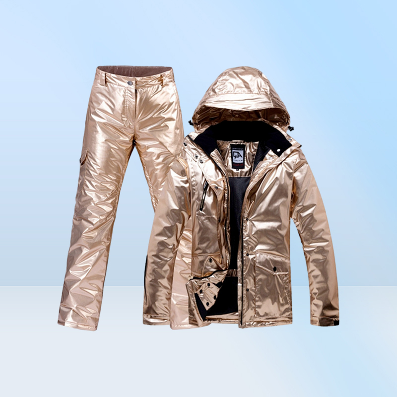Gold Ski Suit Men Women Snowsuit Couple Winter Outdoor Snowboard Clothing Waterproof Warm Thick Ski Jacket Pant Set1