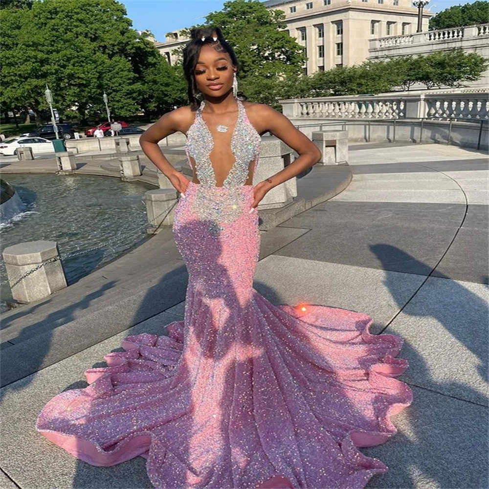 Halter Long Sequined Pink Prom Dress for Black Girls 2024 Beaded Crystal Birthday Party Dresses Rhinestone Evening Gowns es