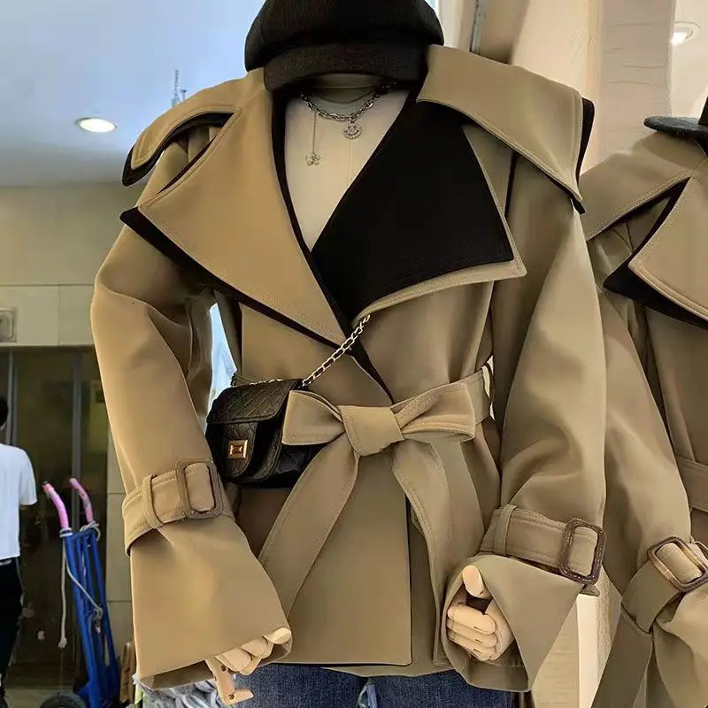 Womens Trench Coats Fdfklak Autumn Korean Splicing Coat Waist Windbreaker Women Loose Thin Double Neck Jacket Manteau Femme Hiver 231023