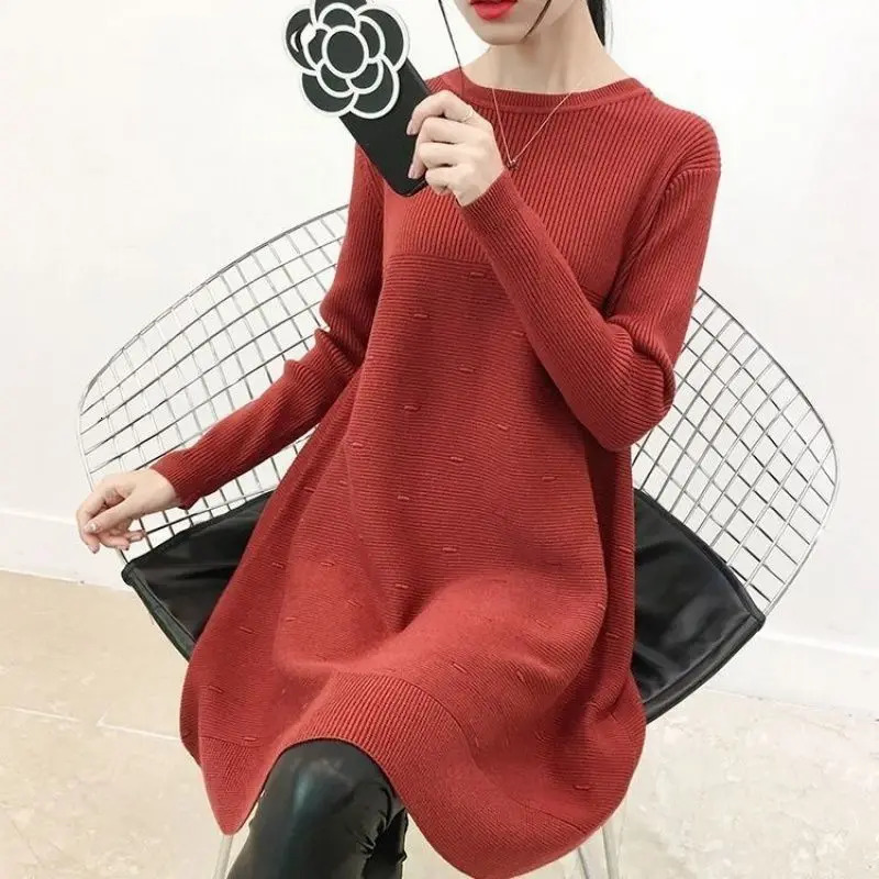 Women's Sweaters Autumn/Winter Oversized Round Neck Bottom Long Sleeved Solid Color Dress Women's Belly Covering and Slimming Knit Shirt 231