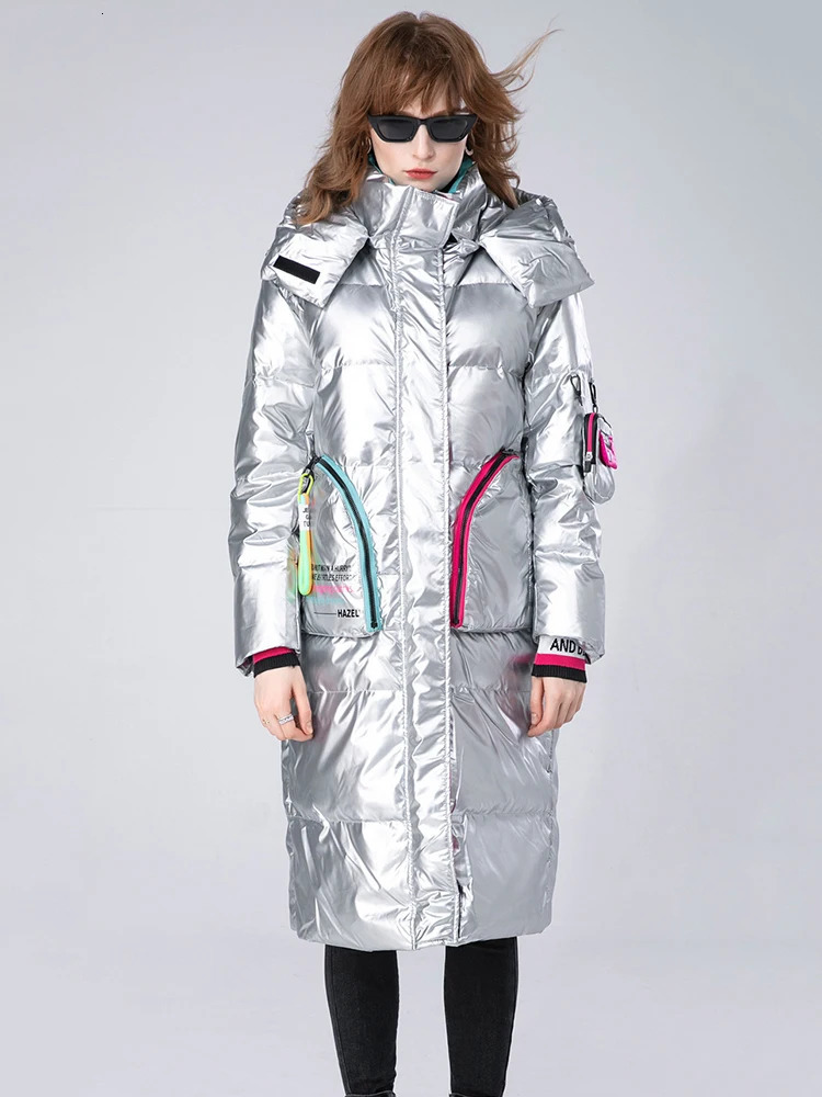 Women's Down Parkas 2023 Winter Women White Duck Collar Jacket Glossy Loose Hooded Parka Female Warm Coat 231023