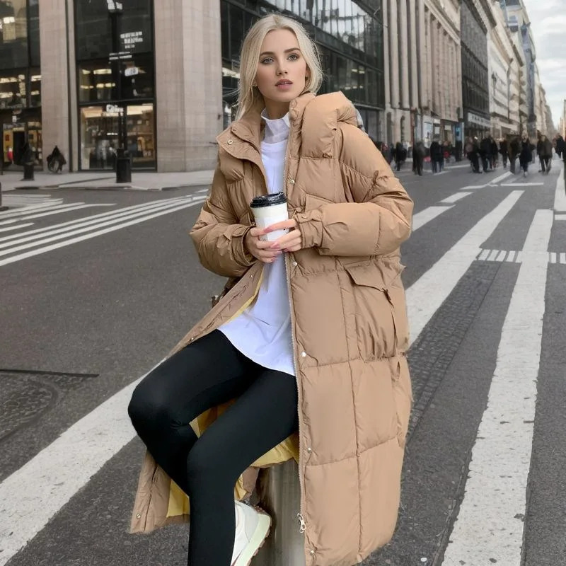 Women's Down Parkas 2023 Winter Cotton Long Hooded Coat Women Zipper Loose Below Knees Warm Thickening Jackets Black White Puffer 231023Z