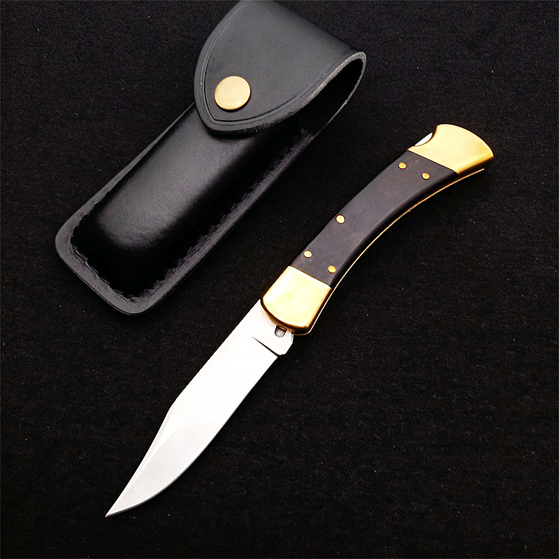 New Classic 110 Push Button Quick Opening Tactical Folding Knife D2 Satin Blade G10 with Brass Head Handle EDC Pocket Knives With Leather Sheath and Nylon Bag Box