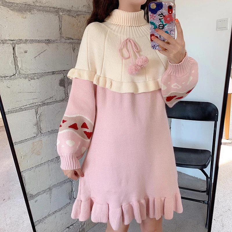 Women's Sweaters Autumn Winter Sweet Lolita Sweater Women Cute Turtleneck Pink Ruffles Knitted Dresses Girly Spring Harajuku Pullover Outerwear 2