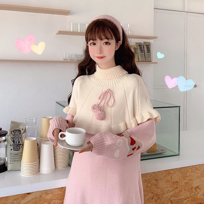 Women's Sweaters Autumn Winter Sweet Lolita Sweater Women Cute Turtleneck Pink Ruffles Knitted Dresses Girly Spring Harajuku Pullover Outerwear 2