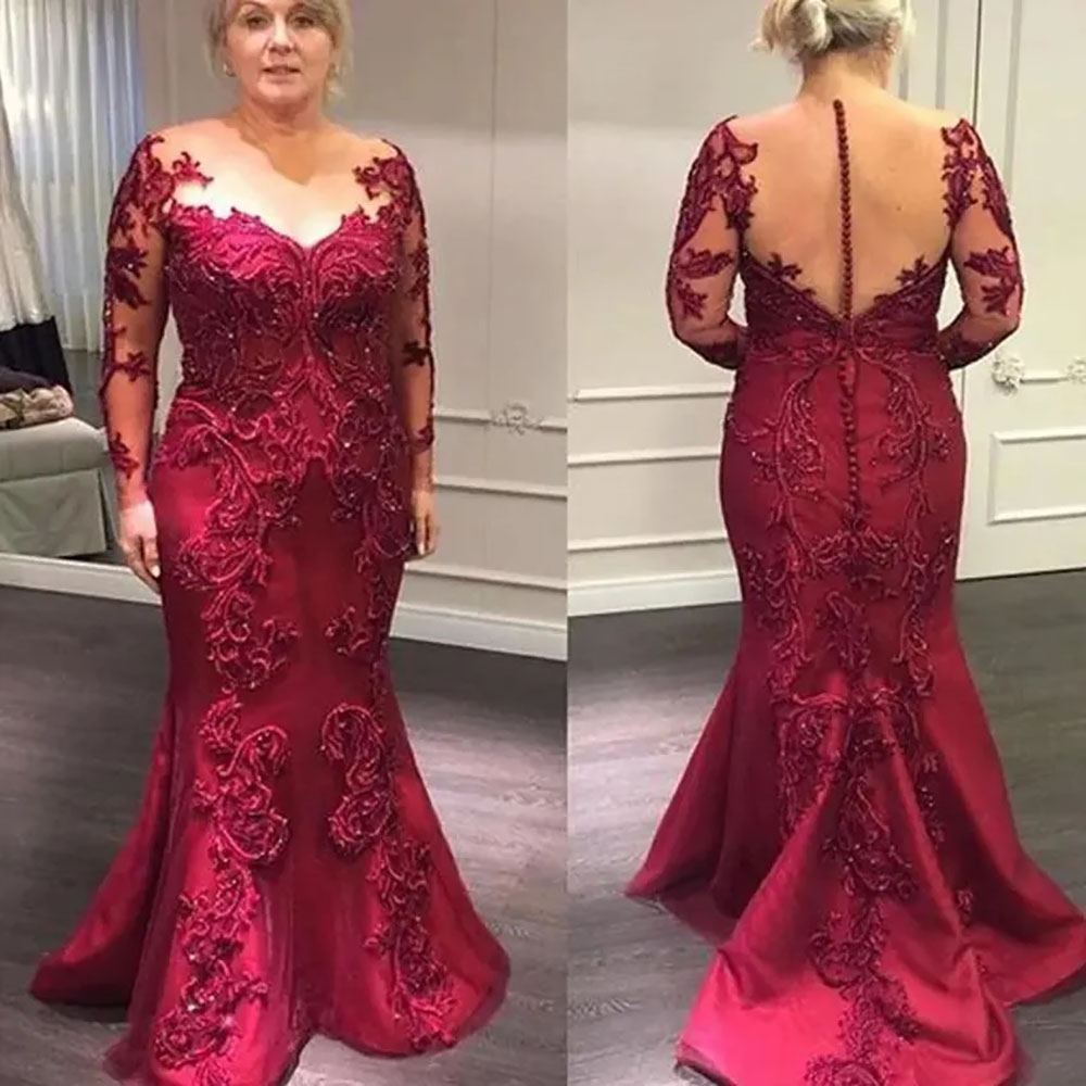 Mother Of The Bride Dark Red Mother's Dresses New Mermaid Long Sleeve Custom Applique Plus Size O-Neck Illusion Tulle Button Trumpet