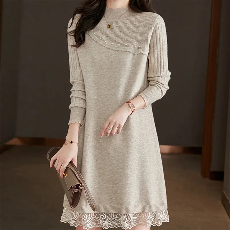 Women's Sweaters Japanese Beaded Knitted Dress Women Pullover Sweater Autumn Winter Elegant Lace Stitching Solid Sweater for Women 231023