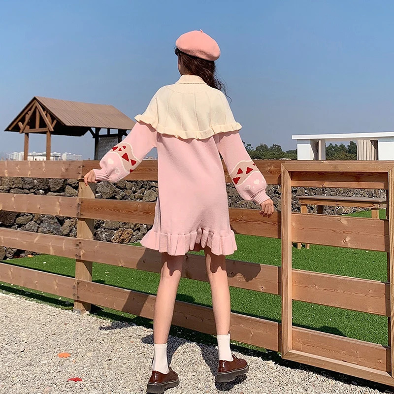 Women's Sweaters Autumn Winter Sweet Lolita Sweater Women Cute Turtleneck Pink Ruffles Knitted Dresses Girly Spring Harajuku Pullover Outerwear 2