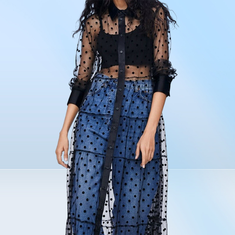Women dress Mesh Sheer Transparent Polka Dot Lace Cover up V Neck Button Down Maxi Dress Seethrough Party Clubwear Beach Dresses