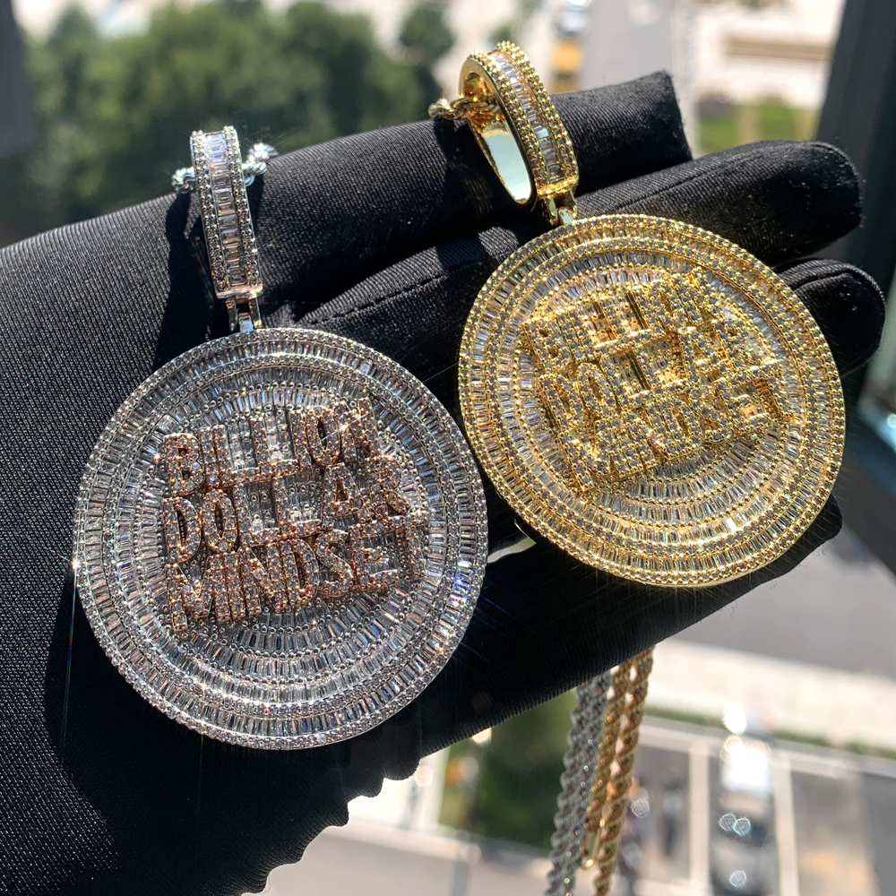 Iced Out Billion Mindset Round Charm Pendant Necklace with Rope Chain - Full Paved 5A Cubic Zirconia, Gold & Sier, Unisex Hip Hop Jewelry