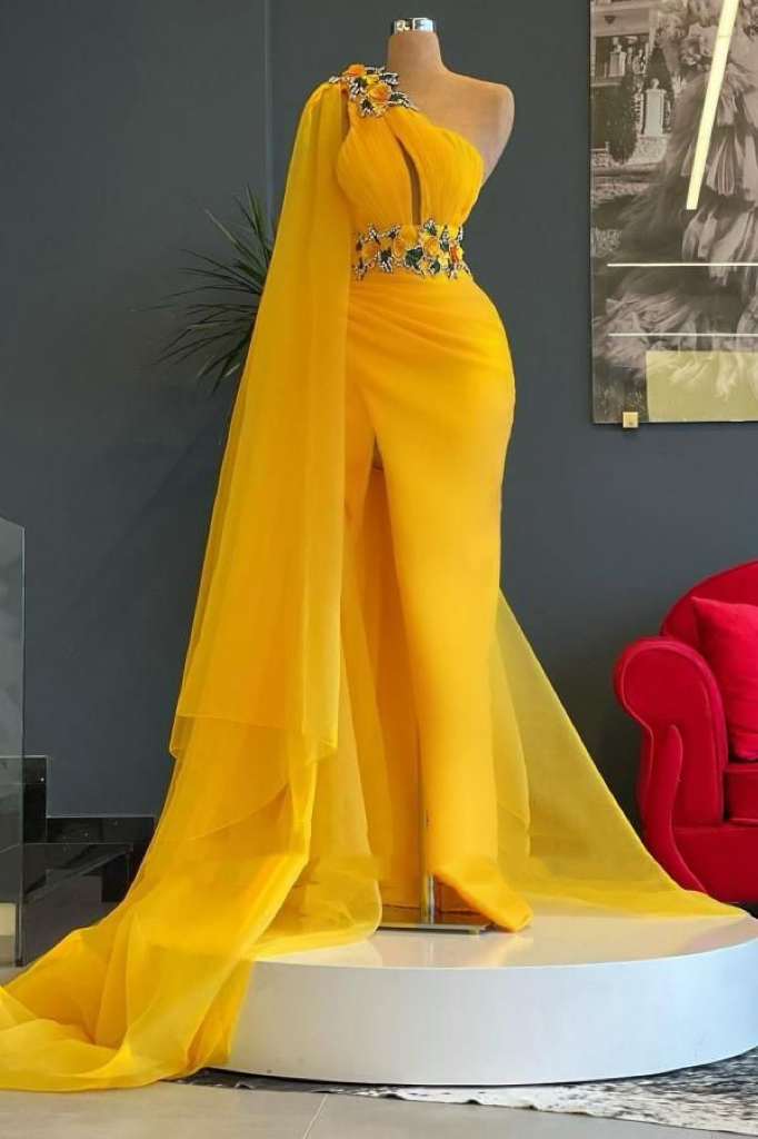 2023 Oct Aso Ebi Arabic Yellow Mermaid Prom Dress lace Beaded Evening Formal Party Second Reception Birthday Engagement Gowns Dresses Robe De Soiree Z