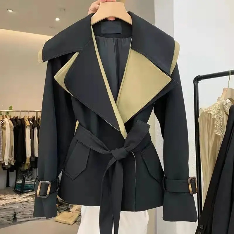 Womens Trench Coats Fdfklak Autumn Korean Splicing Coat Waist Windbreaker Women Loose Thin Double Neck Jacket Manteau Femme Hiver 231023