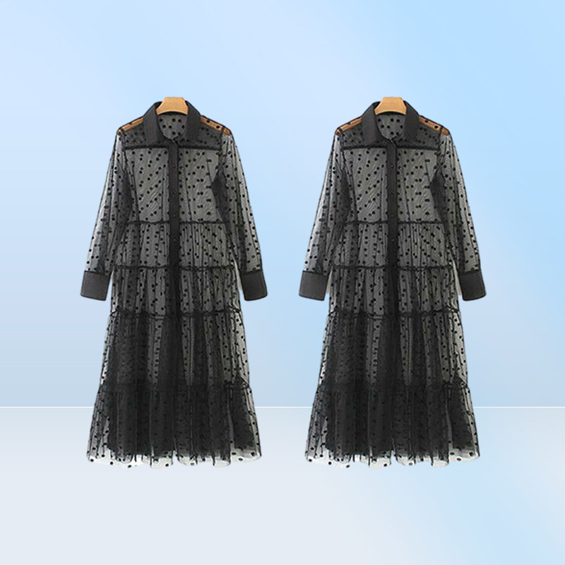 Women dress Mesh Sheer Transparent Polka Dot Lace Cover up V Neck Button Down Maxi Dress Seethrough Party Clubwear Beach Dresses