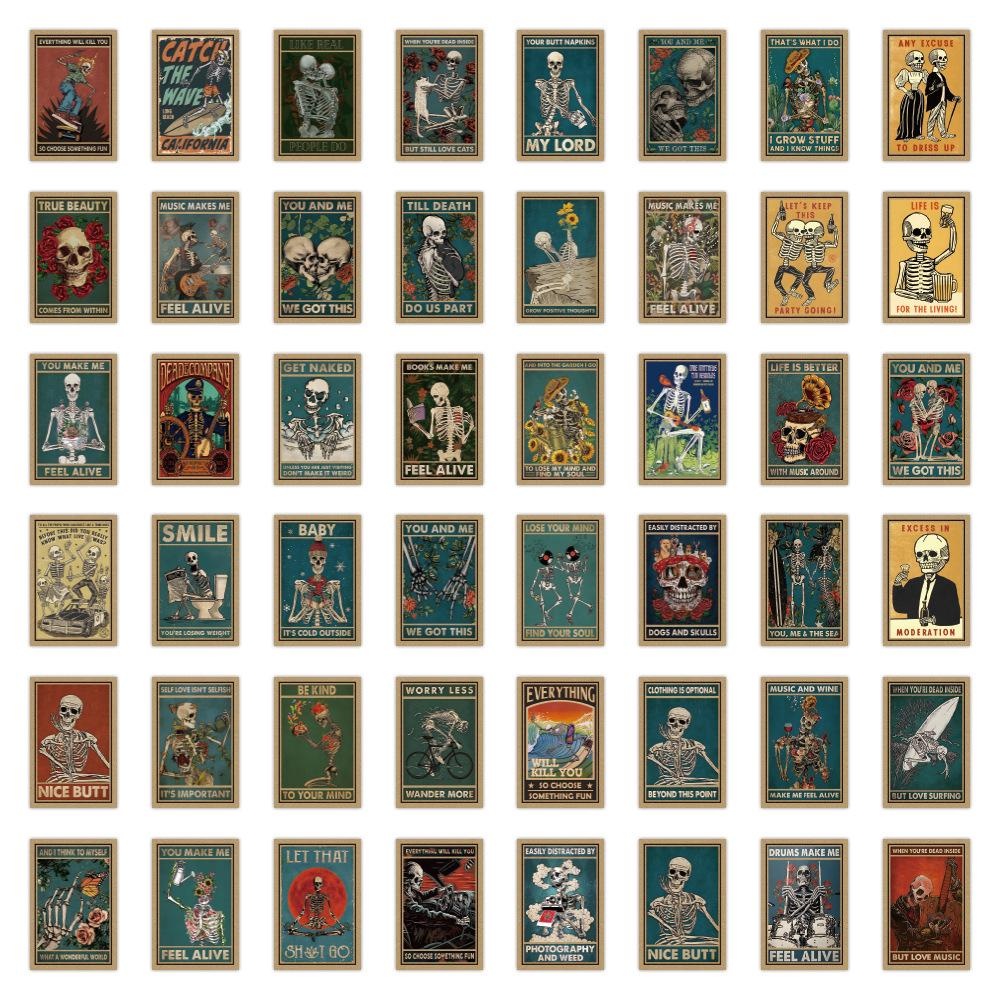 52Pcs Skeleton Tarot Cards Stickers Skull Tarot Graffiti Stickers for DIY Luggage Laptop Skateboard Motorcycle Bicycle Stickers