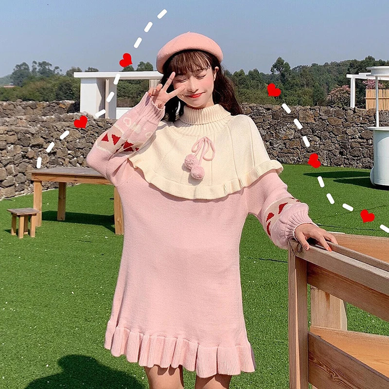 Women's Sweaters Autumn Winter Sweet Lolita Sweater Women Cute Turtleneck Pink Ruffles Knitted Dresses Girly Spring Harajuku Pullover Outerwear 2