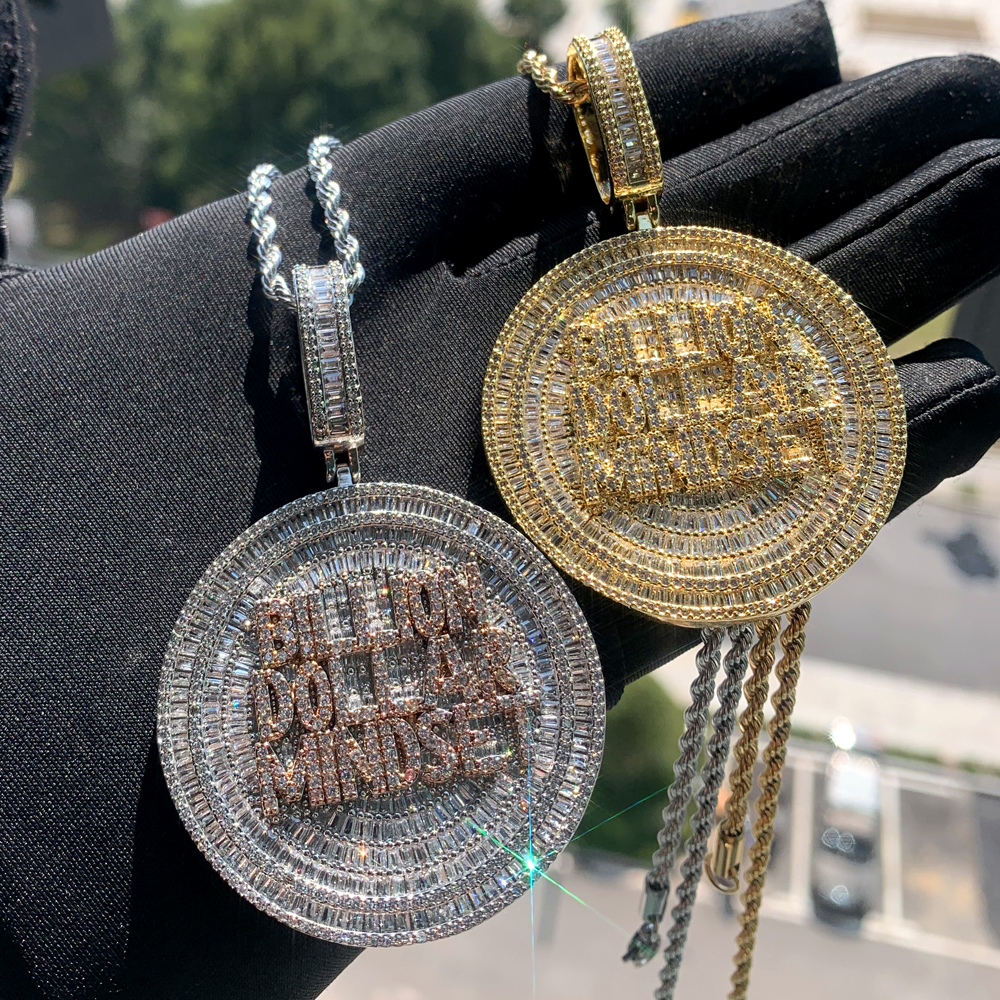 Iced Out Billion Mindset Round Charm Pendant Necklace with Rope Chain - Full Paved 5A Cubic Zirconia, Gold & Sier, Unisex Hip Hop Jewelry