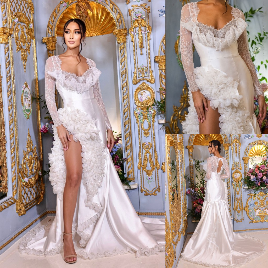 Charming Mermaid Pearls Wedding Dresses Beaded Side Split Bridal Gowns With Handmade wers V Necke Long Sleeves Vestido De Novia