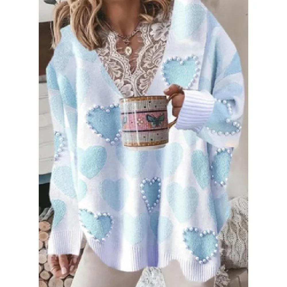 Women's Sweaters Fashion Sweaters Women Autumn Winter Lace V Neck Patchwork Heart Print Knit Jumper Long Sleeve Loose Pullovers Oversize 231023
