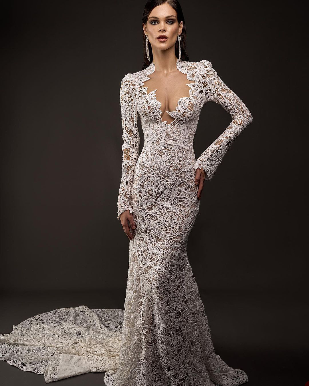 Modern Mermaid Wedding Dresses Lace Long Sleeves Illusion V Neck Bridal Gown Custom Made Vestidos De Noiva