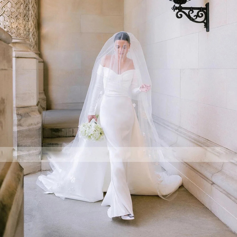 Mermaid Wedding Dress 2024 Bridal Gown Off Shoulder Long Sleeves Pleat Vestidos De Soiree with Detachable Train