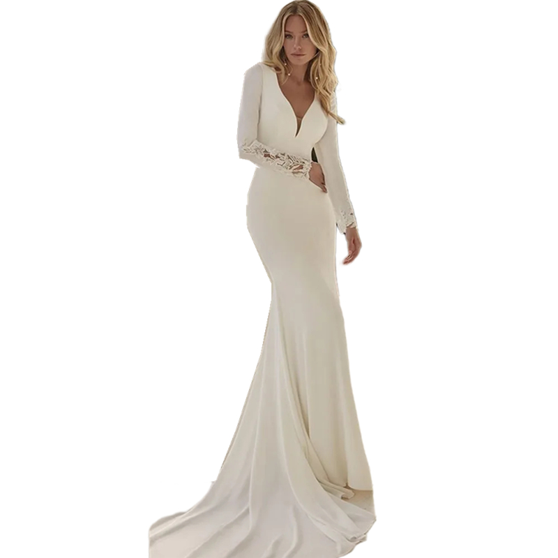 2024 Elegant Satin Mermaid Wedding Dress Long Sleeves Lace Appliques Open Back Sexy Long Bridal Gowns Deep V-Neck Ivory Simple Bride Dresses