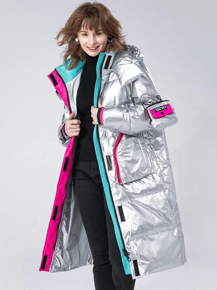 Women's Down Parkas 2023 Winter Women White Duck Collar Jacket Glossy Loose Hooded Parka Female Warm Coat 231023