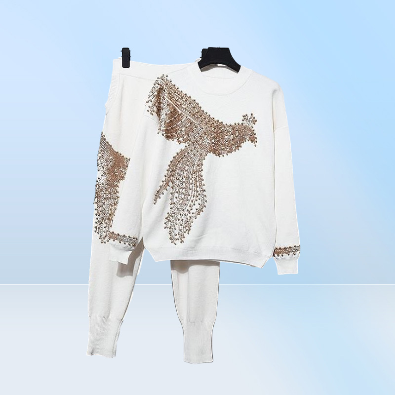 Women039s Two Piece Pants New Fashion 2 pieces Black Grey Toppants Sequin Suit Beads Women Jumpsuit Knitting Autumn Winter Cau