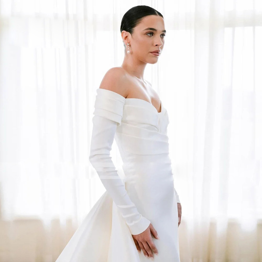 Mermaid Wedding Dress 2024 Bridal Gown Off Shoulder Long Sleeves Pleat Vestidos De Soiree with Detachable Train