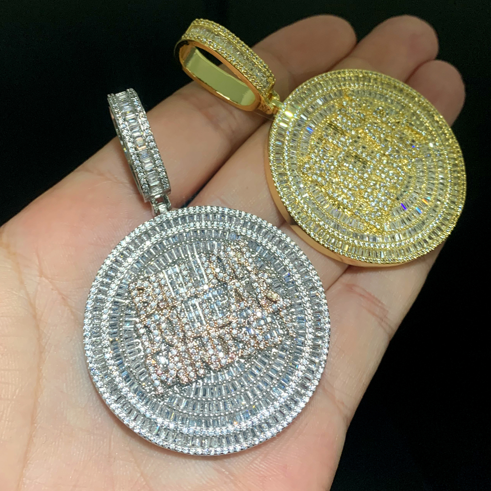 Iced Out Billion Mindset Round Charm Pendant Necklace with Rope Chain - Full Paved 5A Cubic Zirconia, Gold & Sier, Unisex Hip Hop Jewelry