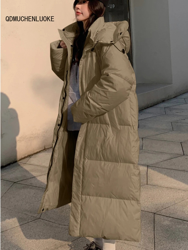 Women's Down Parkas Winter Jacket for Woman Clothing 2023 in Korean Fashion Loose Long Sleeved Top Coats Length Hooded Solid Color 231023