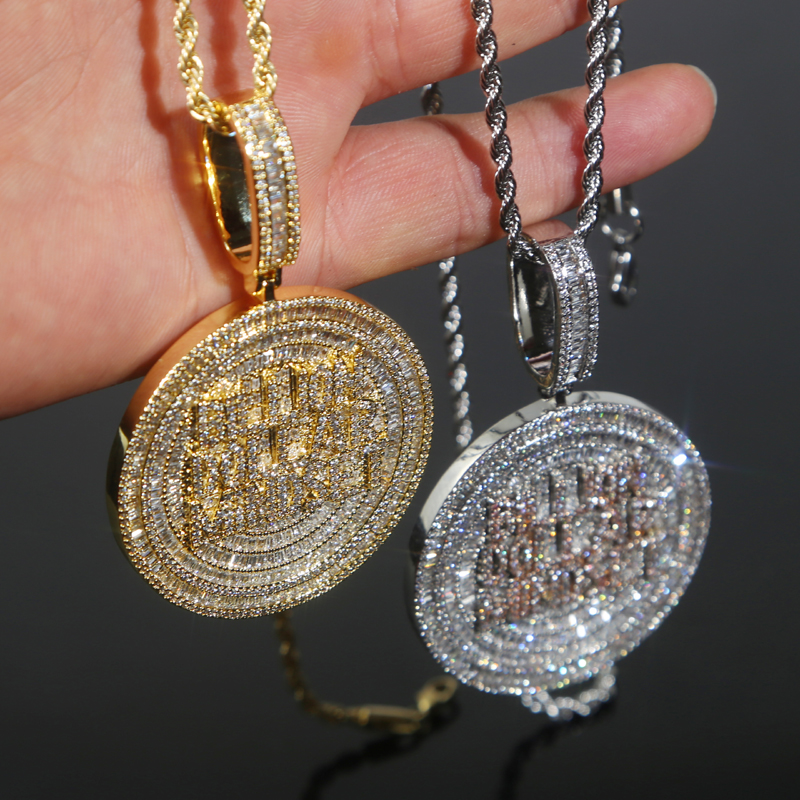 Iced Out Billion Mindset Round Charm Pendant Necklace with Rope Chain - Full Paved 5A Cubic Zirconia, Gold & Sier, Unisex Hip Hop Jewelry