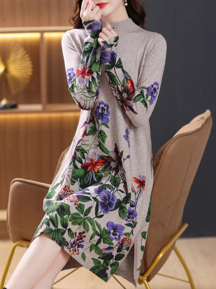 Women's Sweaters Floral Print Long Sweaters Dress Spring Women Clothing Long Sleeve Femme Pullover Elasticity Loose Pulls Knit Sweater For Women 