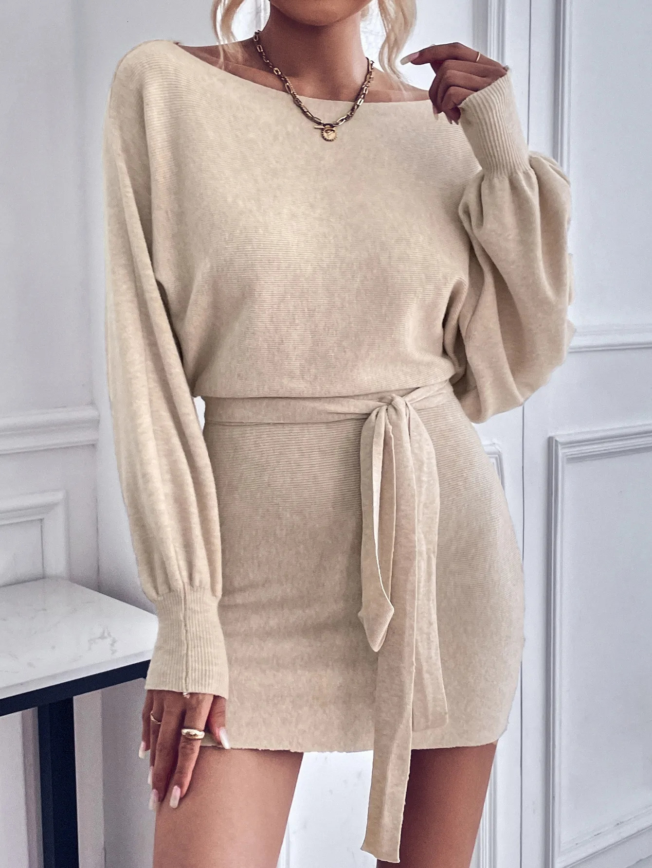 Women's Sweaters Elegant Long Sleeve Bodycon Dress Women Boat Neck Batwing Sleeve Belted Dress Sweater Wool Woman Winter Commute Mini Dress 23102