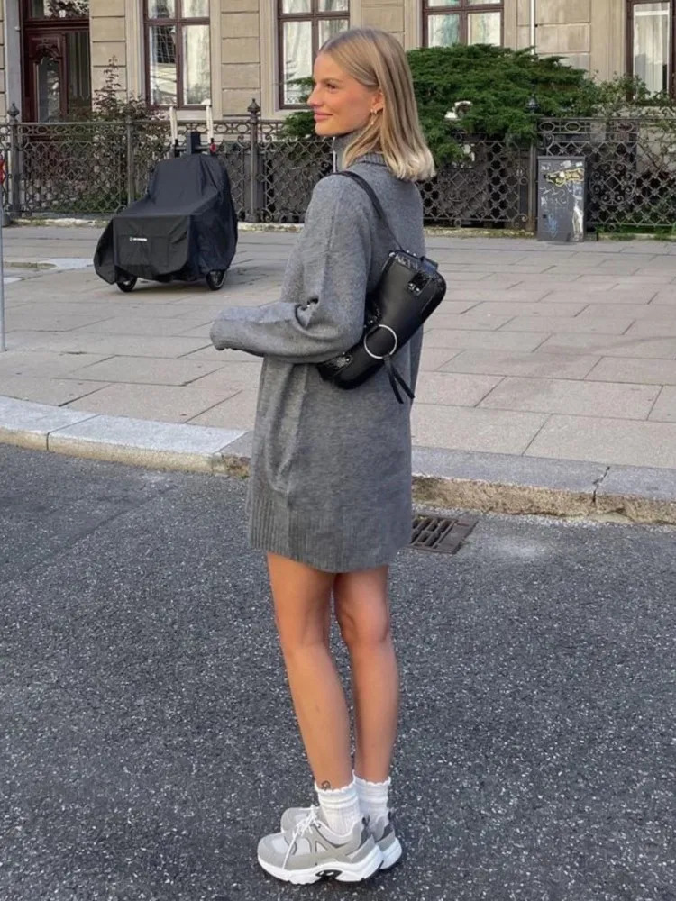 Women's Sweaters Gray Turtleneck Long Pullover Sweaters Women Elegant Long Sleeve Knitted Sweater Dresses Autumn Winter Female Loose Jumpers 2310
