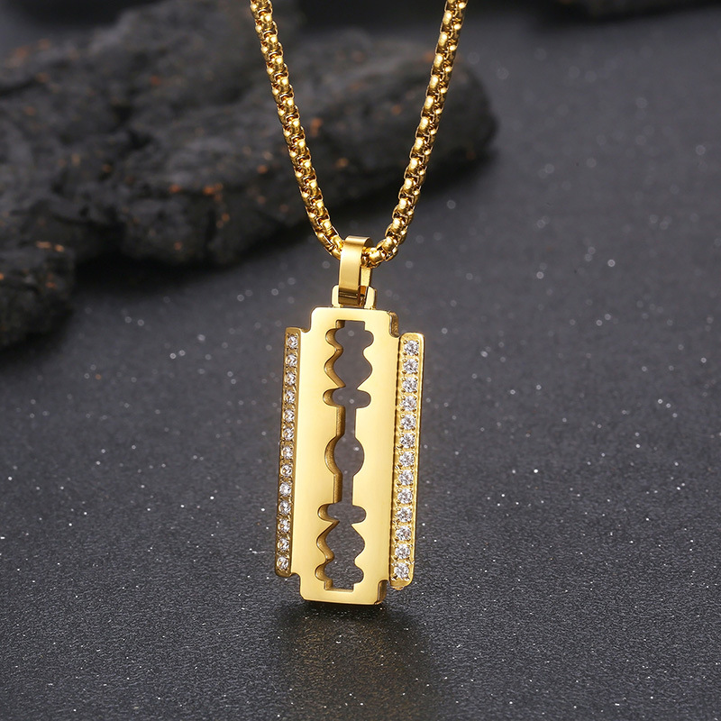 Vintage Blade Pendant Necklace with Chain 18k Gold Plated Stainless Steel Cool Men Jewelry