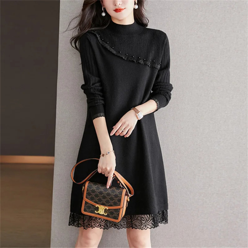 Women's Sweaters Japanese Beaded Knitted Dress Women Pullover Sweater Autumn Winter Elegant Lace Stitching Solid Sweater for Women 231023
