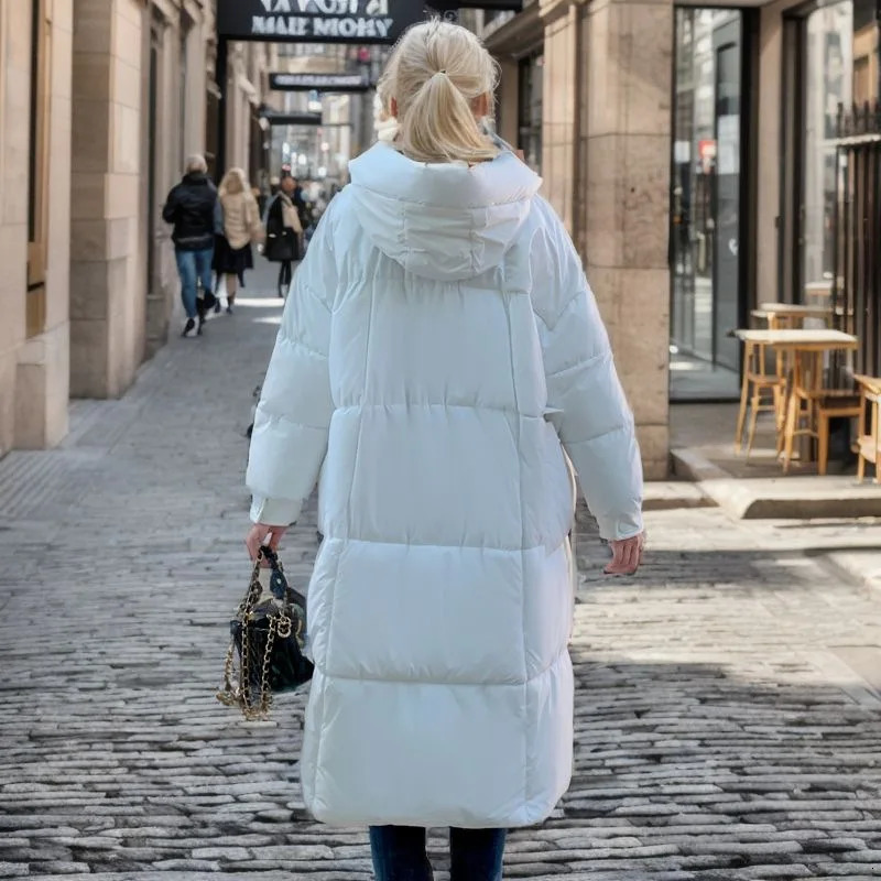 Women's Down Parkas 2023 Winter Cotton Long Hooded Coat Women Zipper Loose Below Knees Warm Thickening Jackets Black White Puffer 231023Z