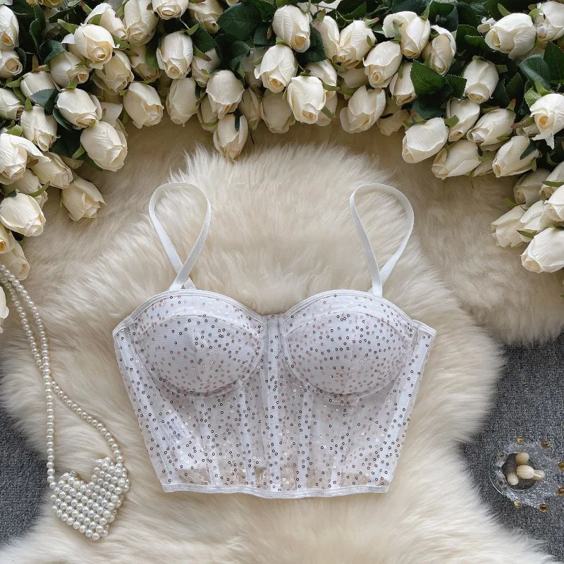 Camisoles Tanks Sexy Skinny Spicy Girl Crop Tops Woman Elegant Sheer Lace Mesh Sequins Women's Tanks with Built in Bras Pleated Tank Dropship 231