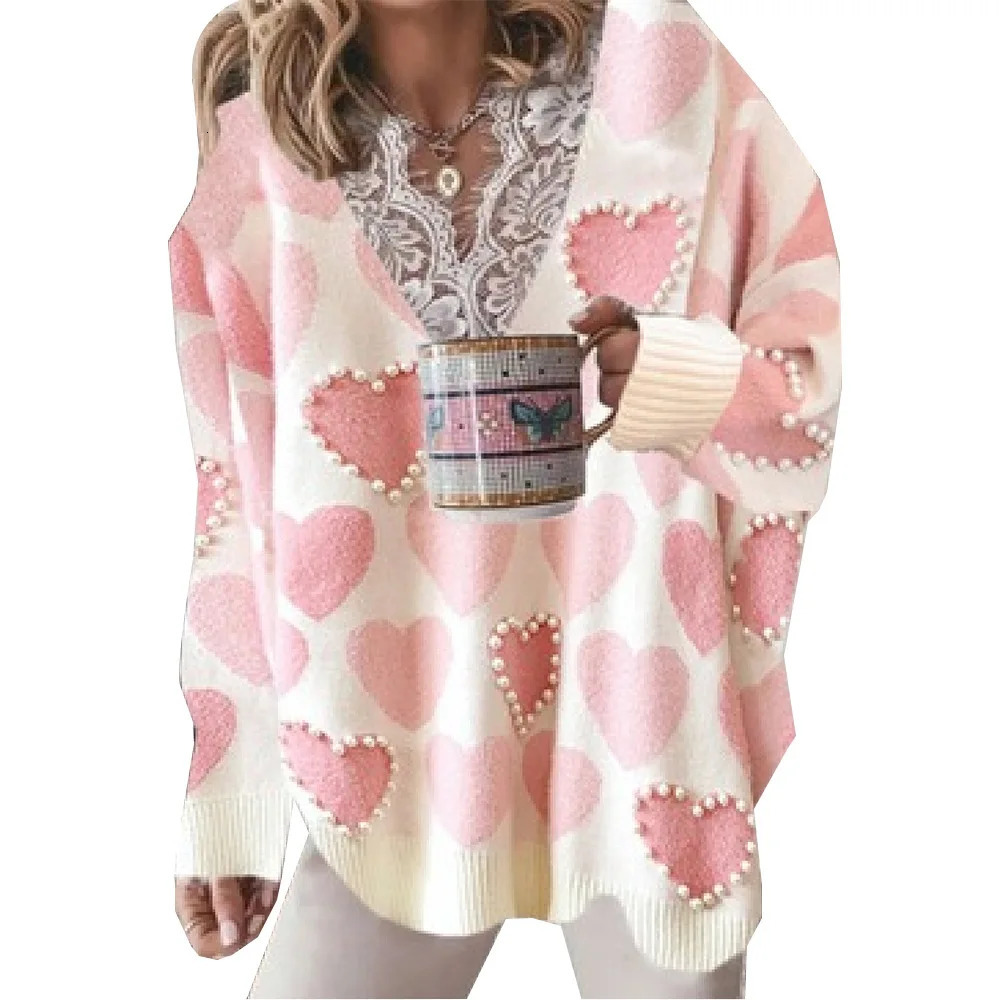 Women's Sweaters Fashion Sweaters Women Autumn Winter Lace V Neck Patchwork Heart Print Knit Jumper Long Sleeve Loose Pullovers Oversize 231023