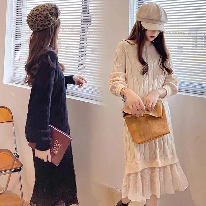 Women's Sweaters Sweater knitted dress for children French lace small fragrance midi sweater dress 231023