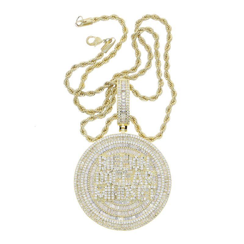 Iced Out Billion Mindset Round Charm Pendant Necklace with Rope Chain - Full Paved 5A Cubic Zirconia, Gold & Sier, Unisex Hip Hop Jewelry