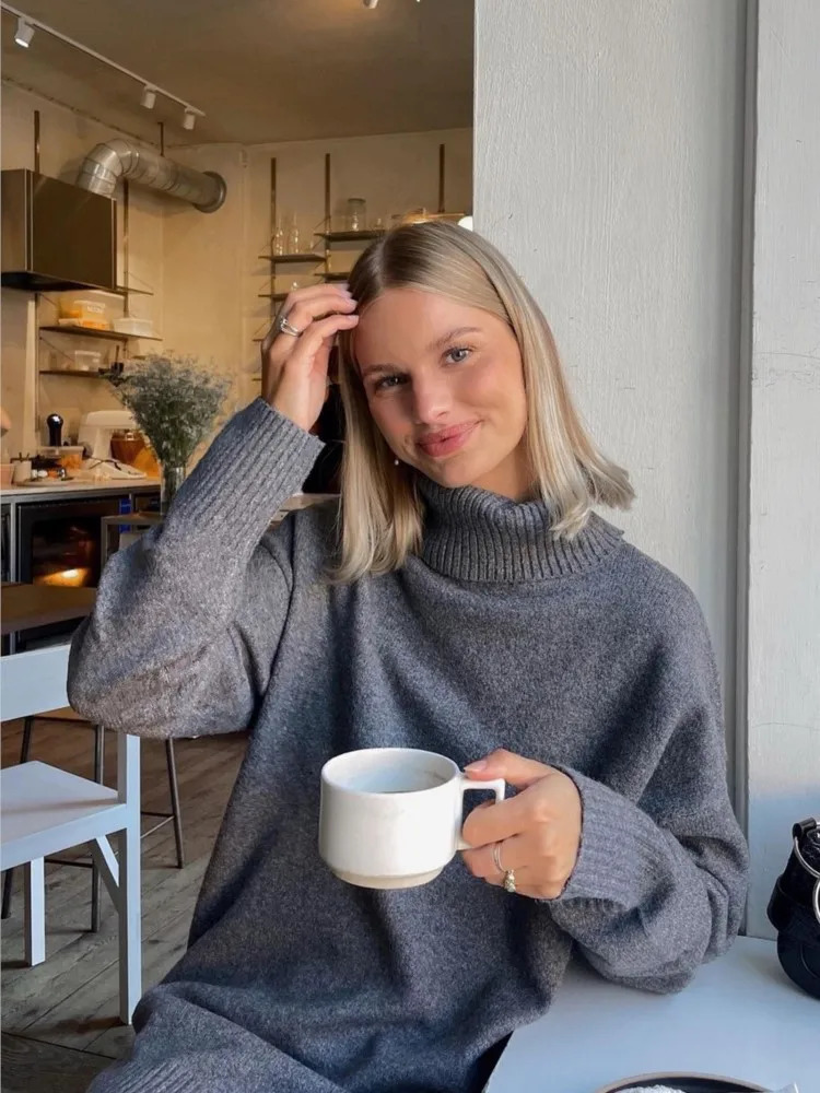 Women's Sweaters Gray Turtleneck Long Pullover Sweaters Women Elegant Long Sleeve Knitted Sweater Dresses Autumn Winter Female Loose Jumpers 2310