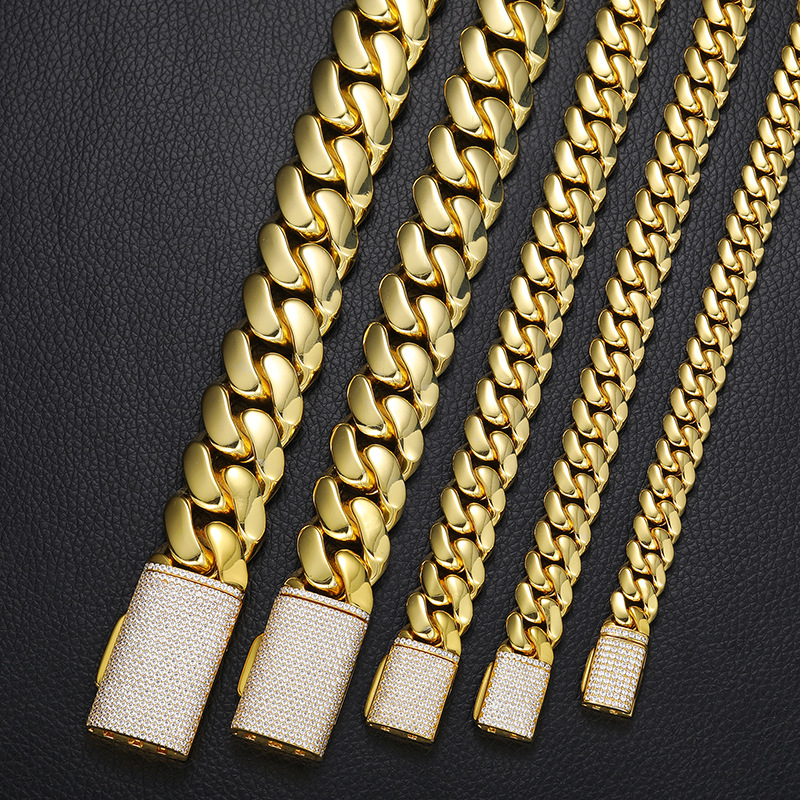 12mm-20mm Hip Hop Heavy Large Miami Cuban Link Chain Mens Necklace Real Gold Plated topBling 5A Zircon Clasp Men Jewelry